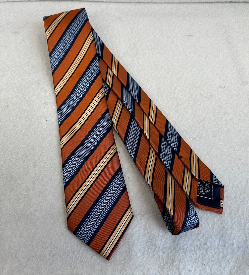 Brioni Orange, Navy and Gold Diagonal Striped Tie